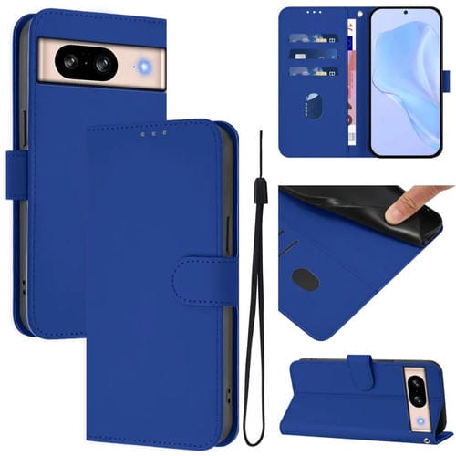 Funda de Cuero con Cordón para Google Pixel 8 (Azul Oscuro) Diseño Piel Liso Tacto Agradable