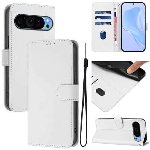 Funda de Cuero con Cordón para Google Pixel 9 y Pixel 9 Pro (Blanco)