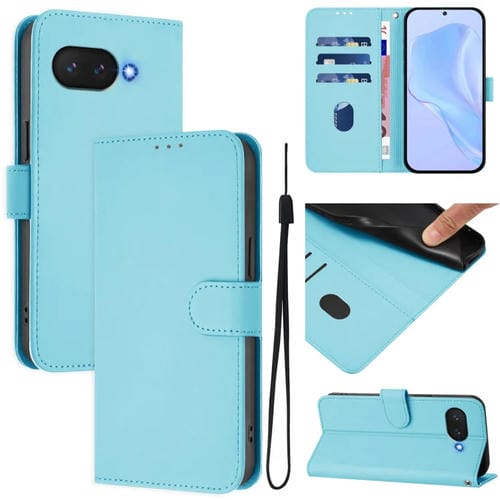 Funda de Cuero con Cordón para Google Pixel 9A (Azul Cielo) Diseño Piel Liso y Tacto Agradable
