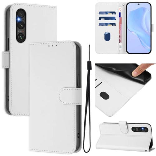 Funda de Piel Sintética con Cordón para Sony Xperia 1 V (2023) (Blanco)