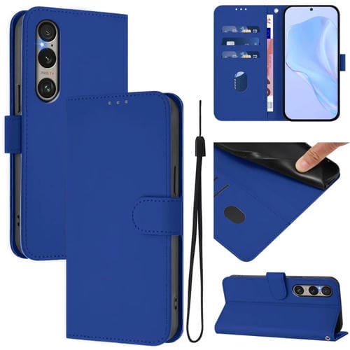 Funda de Piel con Cordón para Teléfono Sony Xperia 1 Vi (2024) (Azul Oscuro)