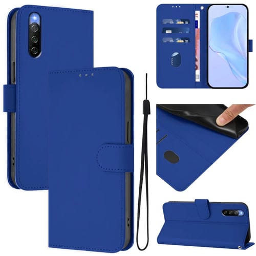 Funda de Piel para Sony Xperia 10 IV con Textura Lisa y Cordón (Azul Oscuro)