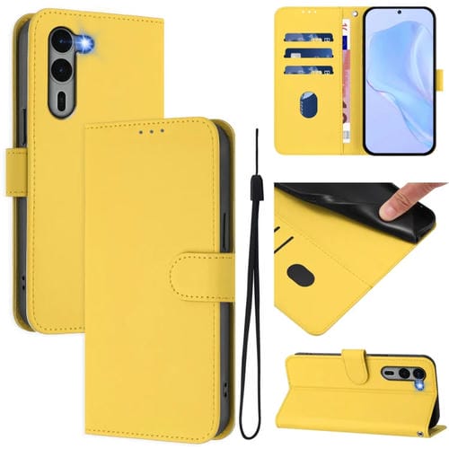 Funda de Piel Sintética con Cordón para Teléfono Fujitsu Arrows We2 Plus F-51E (Amarillo Limón)