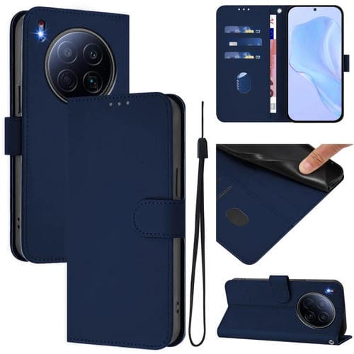 Funda de piel con textura de color liso y cordón para Tecno Camon 40 Premier Skin Feel (azul marino)