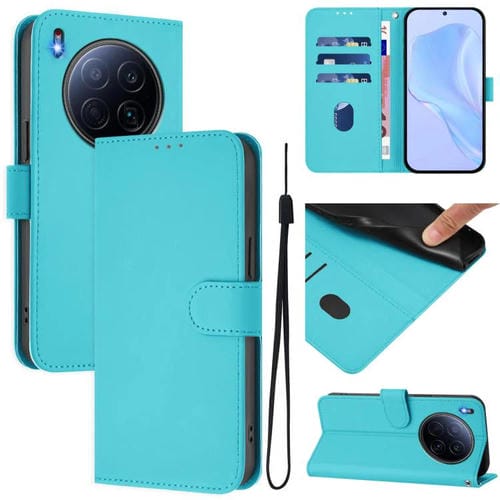 Funda de piel con cordón para Tecno Camon 40 Premier Skin Feel (azul lago)