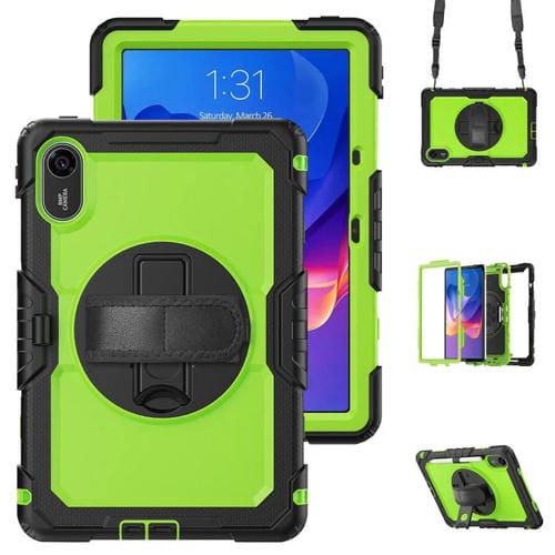 Funda híbrida de silicona para tableta Xiaomi Redmi Pad 2 con soporte giratorio y correa para el hombro (negro y amarillo/verde)