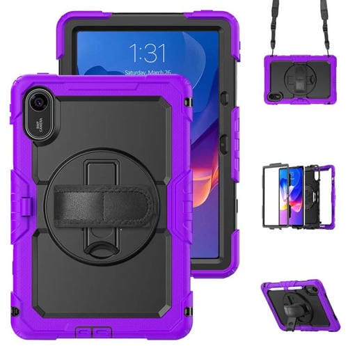 Funda híbrida de silicona para tableta Xiaomi Redmi Pad 2 con soporte giratorio y correa para el hombro (morado y negro)