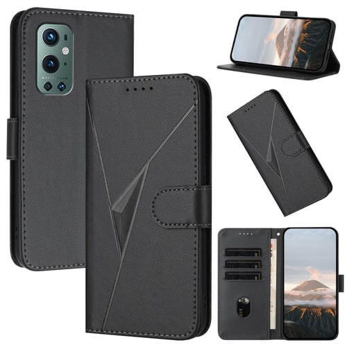 Funda de Cuero para OnePlus 9 Pro con Cierre de Hebilla y Diseño Triangular (Negra)