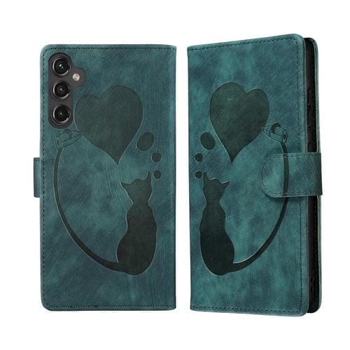 Funda de cuero con relieve de gato y corazón para Samsung Galaxy S25 FE 5G (verde)