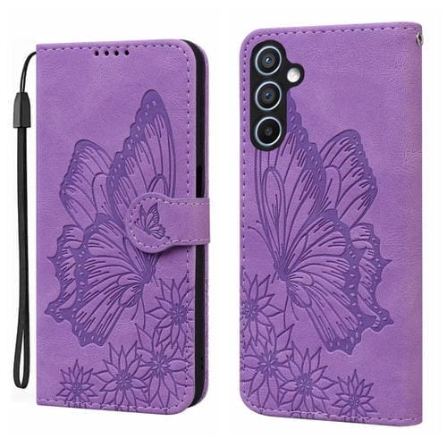 Funda de cuero con tapa horizontal y diseño retro de mariposas en relieve para Samsung Galaxy S25 FE 5G (morado)