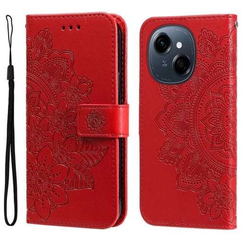 Funda de Cuero con Relieve de Flores Siete Pétalos para Tecno Spark Go 1 / Pop 9 / Spark Go 2025 (Rojo)