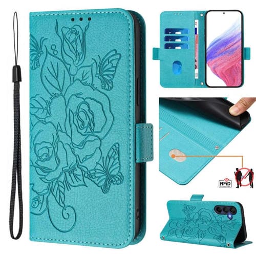 Funda de cuero antirrobo RFID con relieve rosa para Samsung Galaxy A17 4G (azul claro)