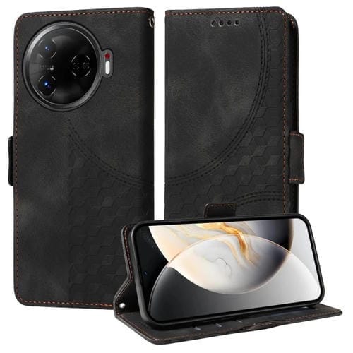 Funda de Cuero para Tecno Camon 30 Pro con Diseño de Rombos y Estrellas en Relieve (Negra)