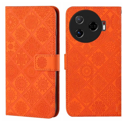 Funda de Cuero para Tecno Camon 30 Pro 5G con Patrón Étnico en Relieve (Naranja)