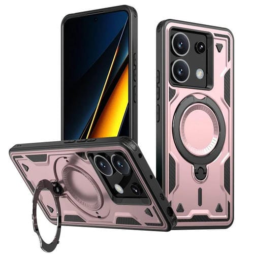 Funda híbrida de TPU con soporte de anillo MagSafe para Xiaomi Poco X6 (oro rosa)
