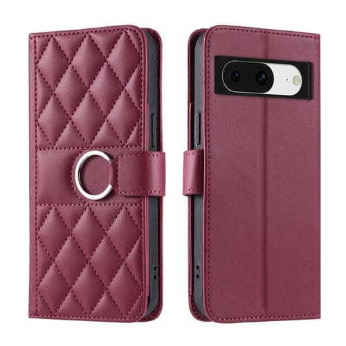 Funda de Cuero para Google Pixel 8A con Hebilla de Anillo y Forma de Rombo (Rojo)