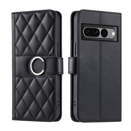Funda de Cuero Google Pixel 7 Pro Forma de Rombo Hebilla de Anillo (Negra)