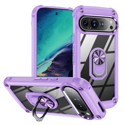 Funda Protectora de Lente TPU + PC para Google Pixel 9 y 9 Pro con Soporte para Anillo (Morado)