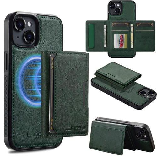 Funda teléfono Lc.Imeeke Serie L5 con funda tarjeta RFID desmontable Magsafe para iPhone 14/13 (Verde)