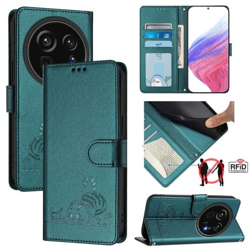 Funda de Cuero RFID para Sharp Aquos R9 Pro con Estampado de Rata y Gato en Relieve y Cordón (Verde Pavo Real)