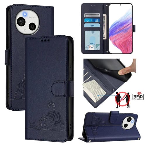Funda de Cuero Rfid para Sharp Aquos Sense9 Plus con Estampado de Rata y Gato y Cordón (Azul)