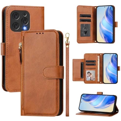 Funda de Cuero con Cremallera y Ranuras para Tarjetas para Doogee N55 Plus (Marrón)