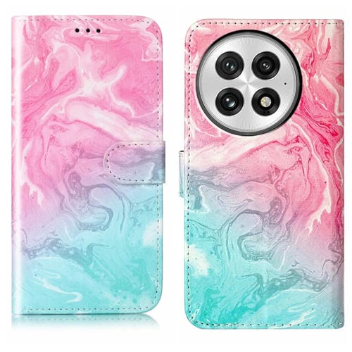 Funda de Cuero para OnePlus 13 con Patrón de Mármol y Dibujo de Colores (Mármol Rosa y Verde)