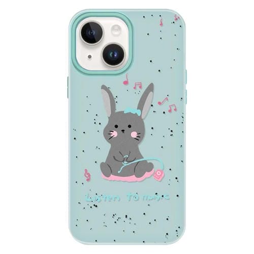 Funda híbrida TPU y PC para iPhone 14 Plus con diseño conejo y función Escucha Música (Verde Claro)