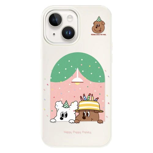 Funda híbrida TPU y PC iPhone 14 Tacto Sedoso y Gelatinoso (Beige Cachorro de Cumpleaños)