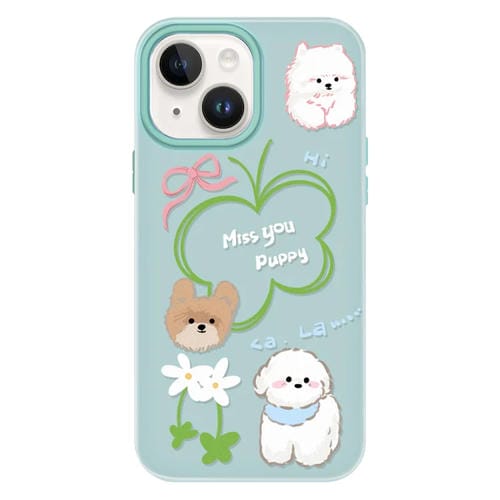Funda híbrida TPU y PC iPhone 13 Flor y Cachorro función protección (Verde Claro)