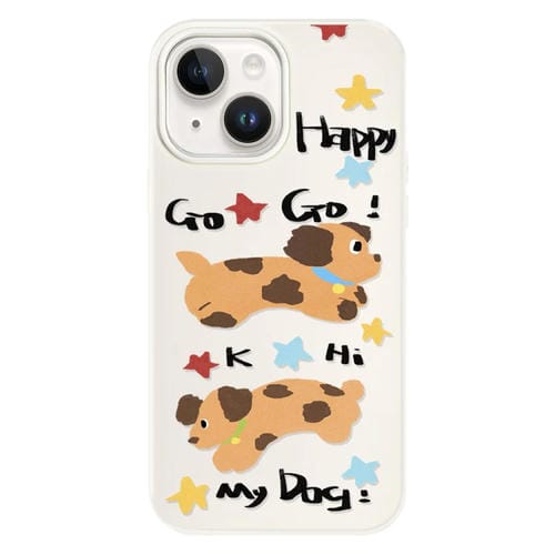 Funda híbrida TPU y PC iPhone 13 Perro Feliz protección blanca