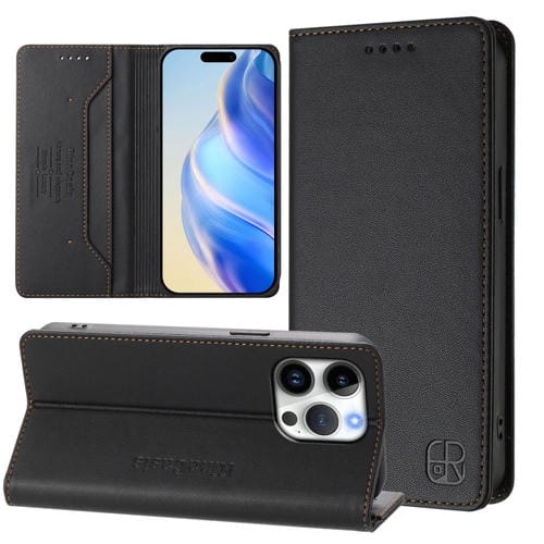 Funda de Cuero con Doble Pliegue y Succión Magnética para iPhone 16 Pro Rc01 (Negra)
