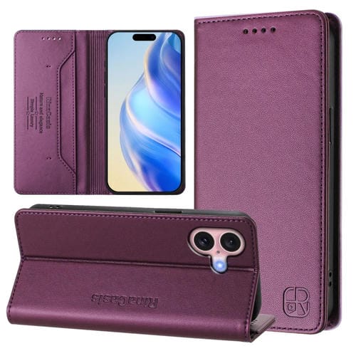 Funda de Cuero para iPhone 16 Rc01 con Doble Pliegue y Succión Magnética (Violeta)