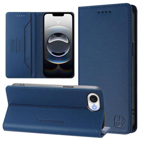 Funda de Cuero con Doble Pliegue y Succión Magnética para iPhone Se 2024 Rc01 (Azul Oscuro)