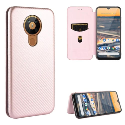 Para Nokia 5.3 Carcasa de cuero con tapa magnética horizontal con textura de fibra de carbono TPU + PC + PU con ranura para tarjeta (rosa)