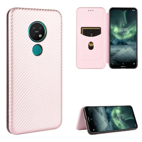 Para Nokia 7.2 y 6.2 Textura de fibra de carbono con tapa magnética horizontal TPU + PC + PU Funda de cuero con ranura para tarjeta (rosa)