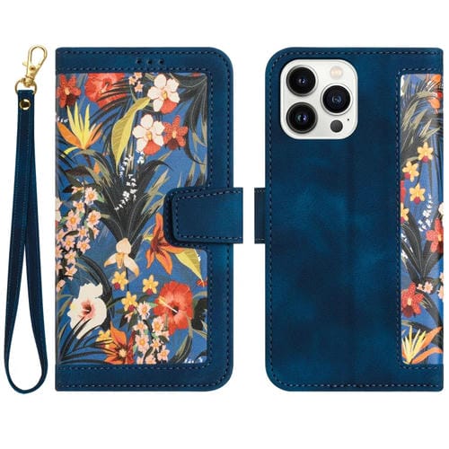 Funda de Cuero para iPhone 16 Pro Estampado Floral con Cordón (Azul Oscuro)