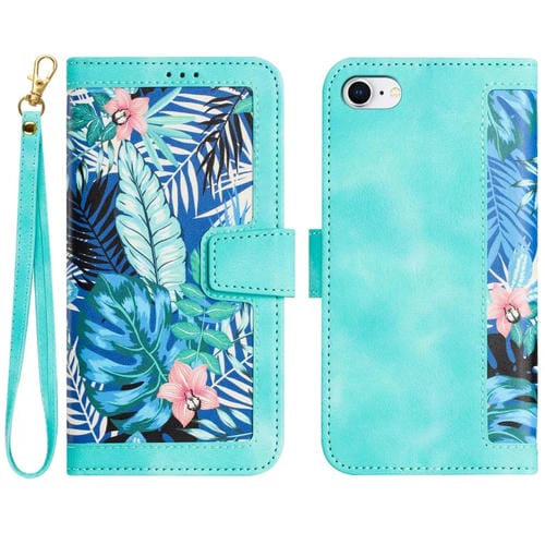 Funda de Cuero para iPhone 16E con Estampado Floral y Cordón (Verde)