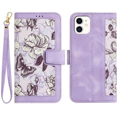 Funda de Cuero Estampado Floral para iPhone 11 con Cordón (Morado Claro)