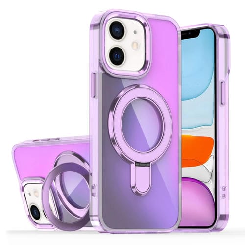 Estuche para Teléfono con Soporte Magsafe para iPhone 11 con Revestimiento Degradado y Decoloración (Morado Transparente)