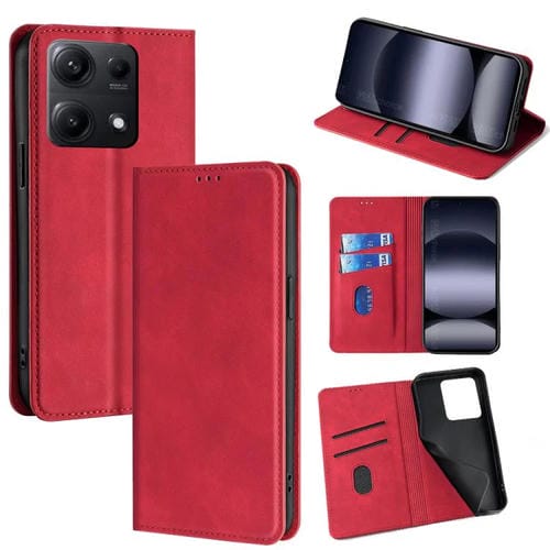 Funda de cuero magnética con textura de piel para Redmi Note 14S 4G (roja)