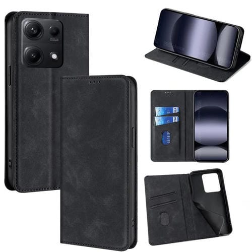 Funda de cuero magnética con textura de piel para Redmi Note 14S 4G (negra)