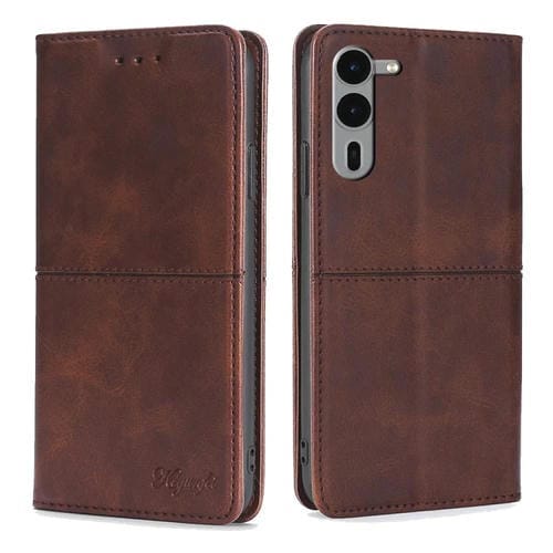 Funda de Cuero Magnética con Textura de Vaca para Fujitsu Arrows We2 Plus (Marrón Oscuro)