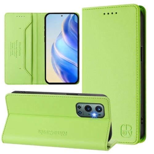 Funda de Cuero con Doble Pliegue y Succión Magnética RFID para OnePlus 9 Pro Rc01 (Verde Hierba)