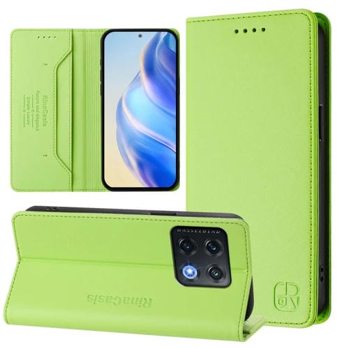Funda de Cuero con Doble Pliegue y Succión Magnética RFID para OnePlus 10 Pro Rc01 (Verde Hierba)