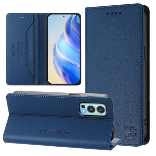 Funda de Cuero con Doble Pliegue y Succión Magnética para OnePlus Nord 2 5G Rc01 (Azul Oscuro)