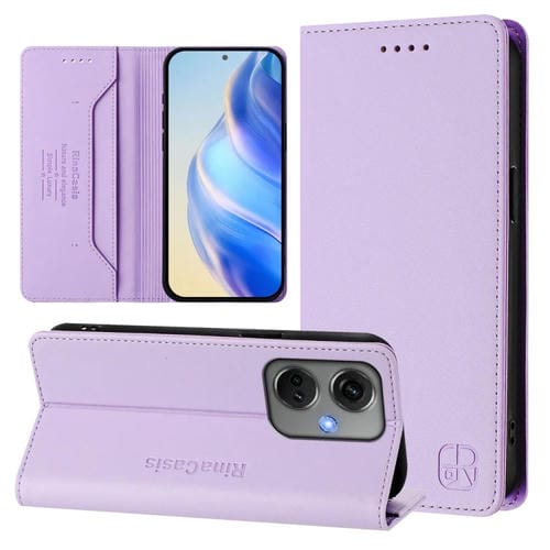 Funda de Cuero con Doble Pliegue y Succión Magnética RFID para OnePlus Nord CE3 RC01 (Morado Claro)