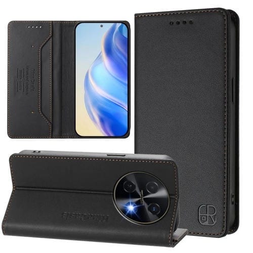 Funda de Cuero para Huawei Nova 12I Global Rc01 con Doble Pliegue y Succión Magnética (Negra)