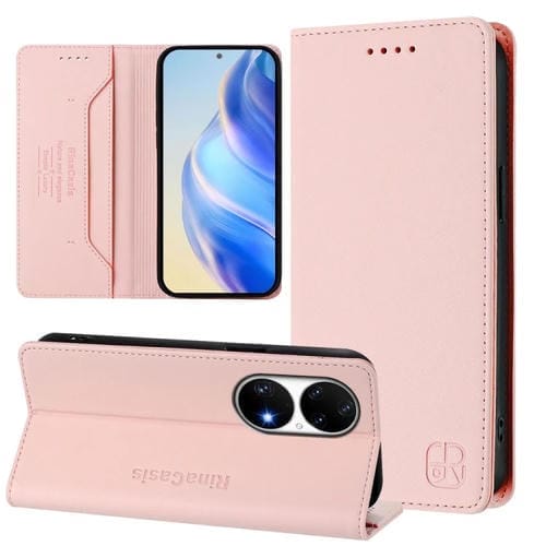 Funda de Cuero con Doble Pliegue y Succión Magnética para Huawei P50 Pro Rc01 (Rosa)