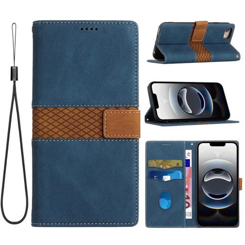 Funda de Cuero para iPhone 16E con Costuras en Cuadrícula y Cordón (Azul)